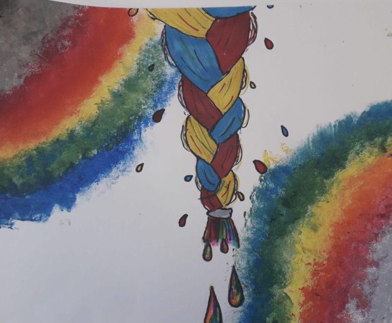 un dessin en art plastique sang et tresse dans arc en ciel